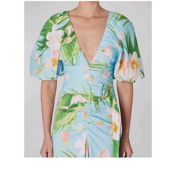 Carolina Herrera Blue Floral-Print Ruched Poplin Sleeve MIDI Dress Size 8 (V3 - Picture 3 of 9